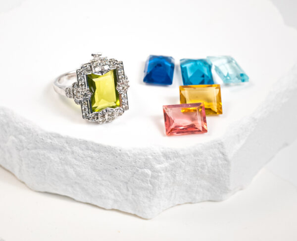 14K Gold Adjustable Ring With 0.85c Diamonds & Six 5.47 Carat Interchangeable Emerald Cut Gemstones