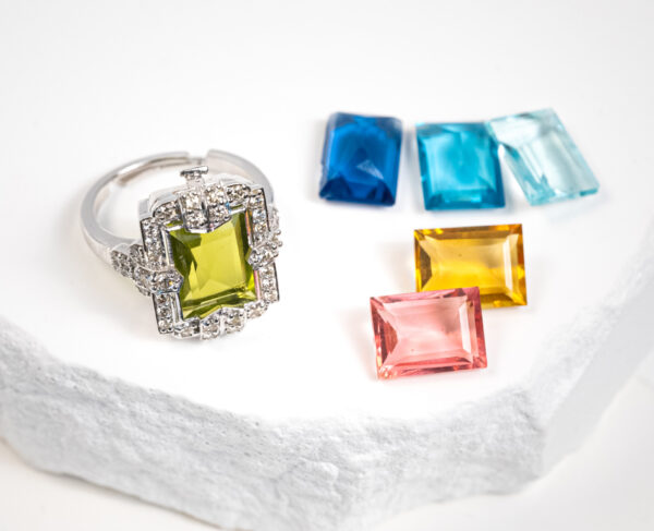 14K Gold Adjustable Ring With 0.85c Diamonds & Six 5.47 Carat Interchangeable Emerald Cut Gemstones - Image 6