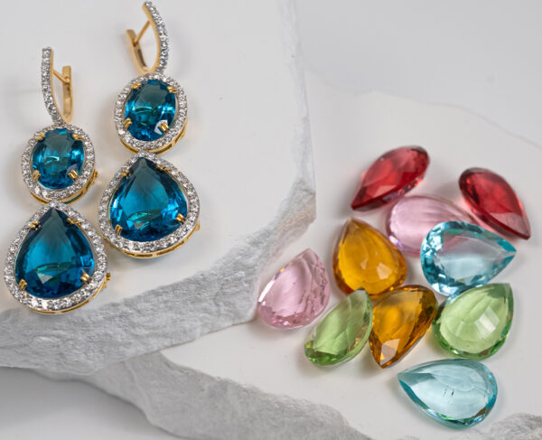 14K Gold Dangle Earrings With 2.72c Diamonds & 24 Interchangeable 9.19 Carat Oval Cut Gemstones - Image 3