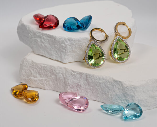 14K Gold Drop Earrings With 1.88c Diamonds & 12 Interchangeable 12.83 Carat Oval Cut Gemstones