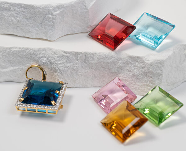 14K Gold Pendant With 1.38c Diamonds & Six 19.2 Carat Interchangeable Emerald Cut Gemstones