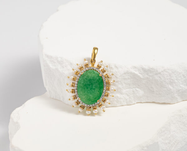 Emerald Elegance Pendant with White Topaz and Pearl Accents