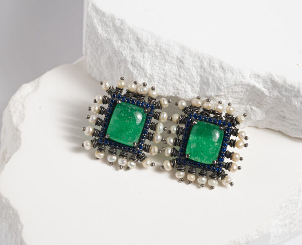 Emerald Twilight Stud Earrings with Sapphire and Pearl Detail
