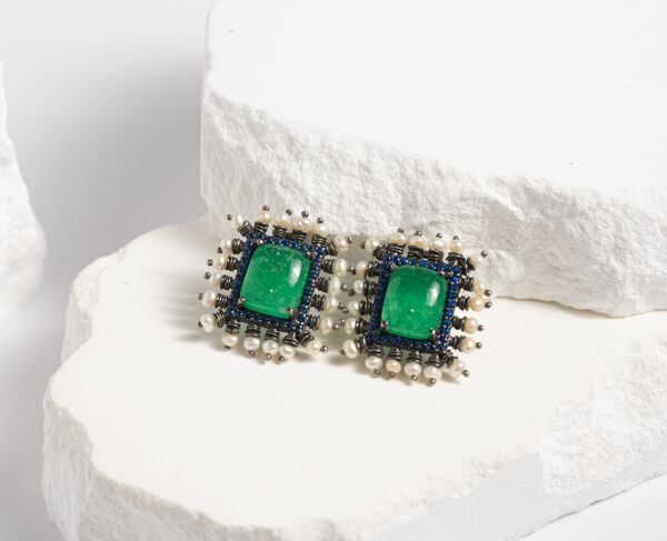Emerald Twilight Stud Earrings with Sapphire and Pearl Detail - Image 2