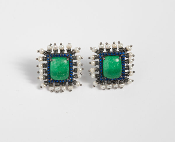 Emerald Twilight Stud Earrings with Sapphire and Pearl Detail - Image 3