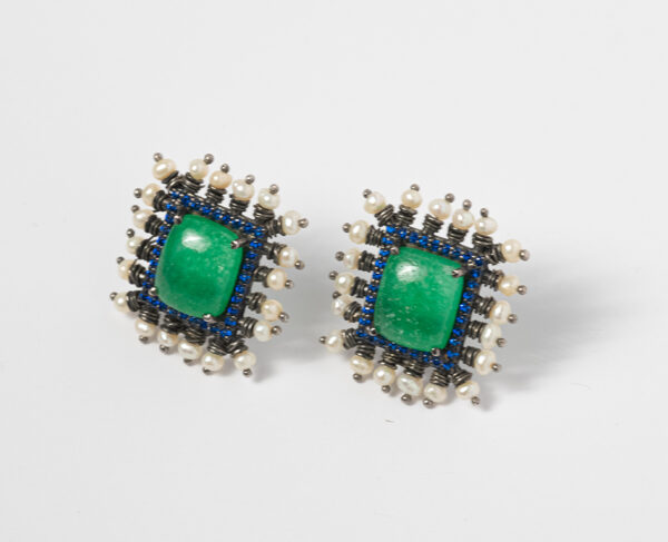 Emerald Twilight Stud Earrings with Sapphire and Pearl Detail - Image 5