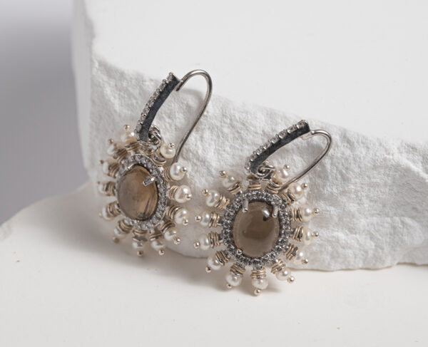 Misty Agate Chandelier Earrings with White Topaz and Pearl