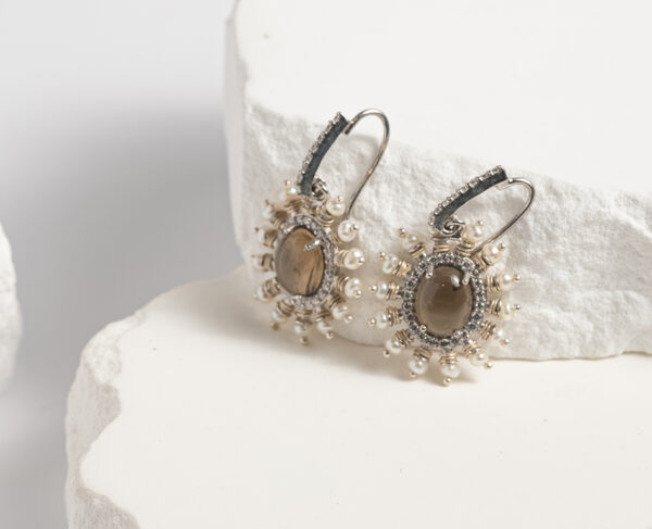 Misty Agate Chandelier Earrings with White Topaz and Pearl - Image 2
