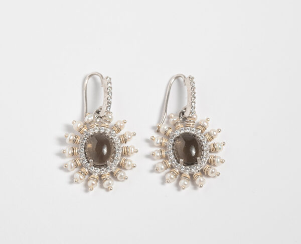 Misty Agate Chandelier Earrings with White Topaz and Pearl - Image 3