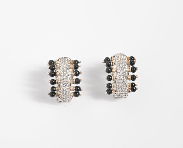 Monochrome Magic Huggie Hoop Earrings with White Topaz and Onyx