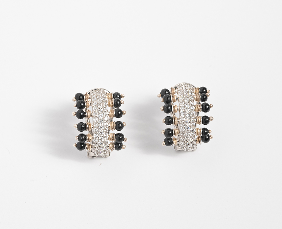 Monochrome Magic Huggie Hoop Earrings with White Topaz and Onyx