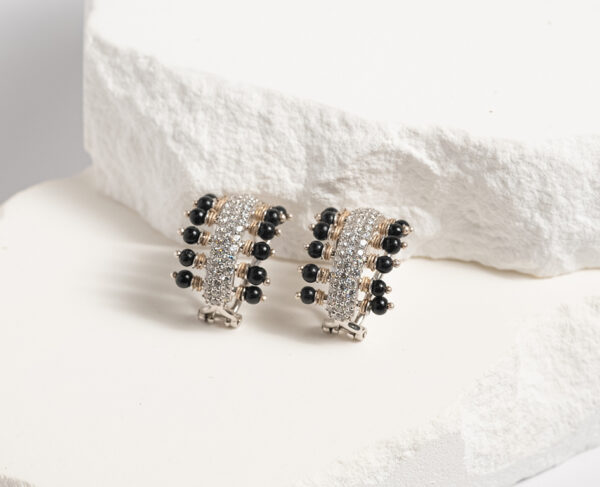 Monochrome Magic Huggie Hoop Earrings with White Topaz and Onyx - Image 4