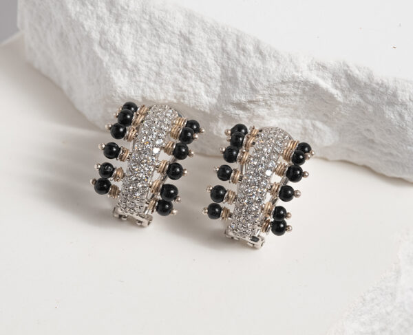 Monochrome Magic Huggie Hoop Earrings with White Topaz and Onyx - Image 5