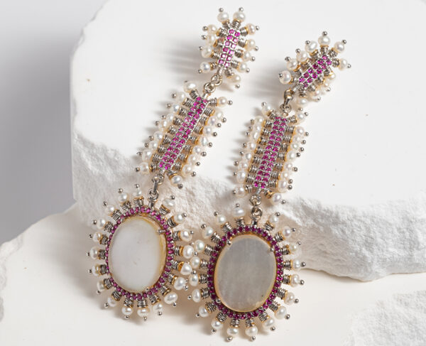 Ruby Opal Fantasy Chandelier Earrings with Pearl Detail