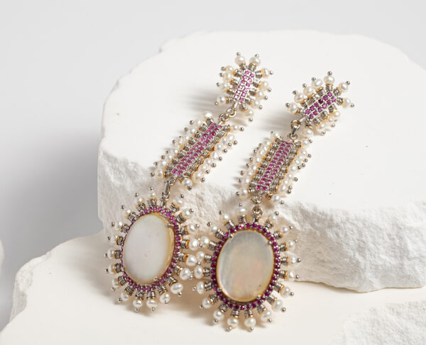 Ruby Opal Fantasy Chandelier Earrings with Pearl Detail - Image 2