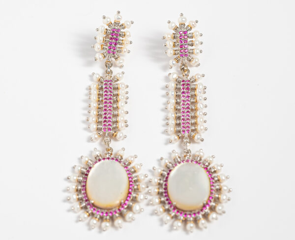 Ruby Opal Fantasy Chandelier Earrings with Pearl Detail - Image 3