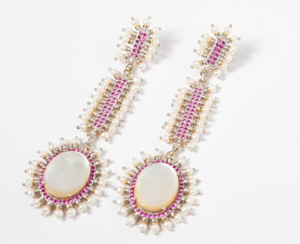 Ruby Opal Fantasy Chandelier Earrings with Pearl Detail - Image 4