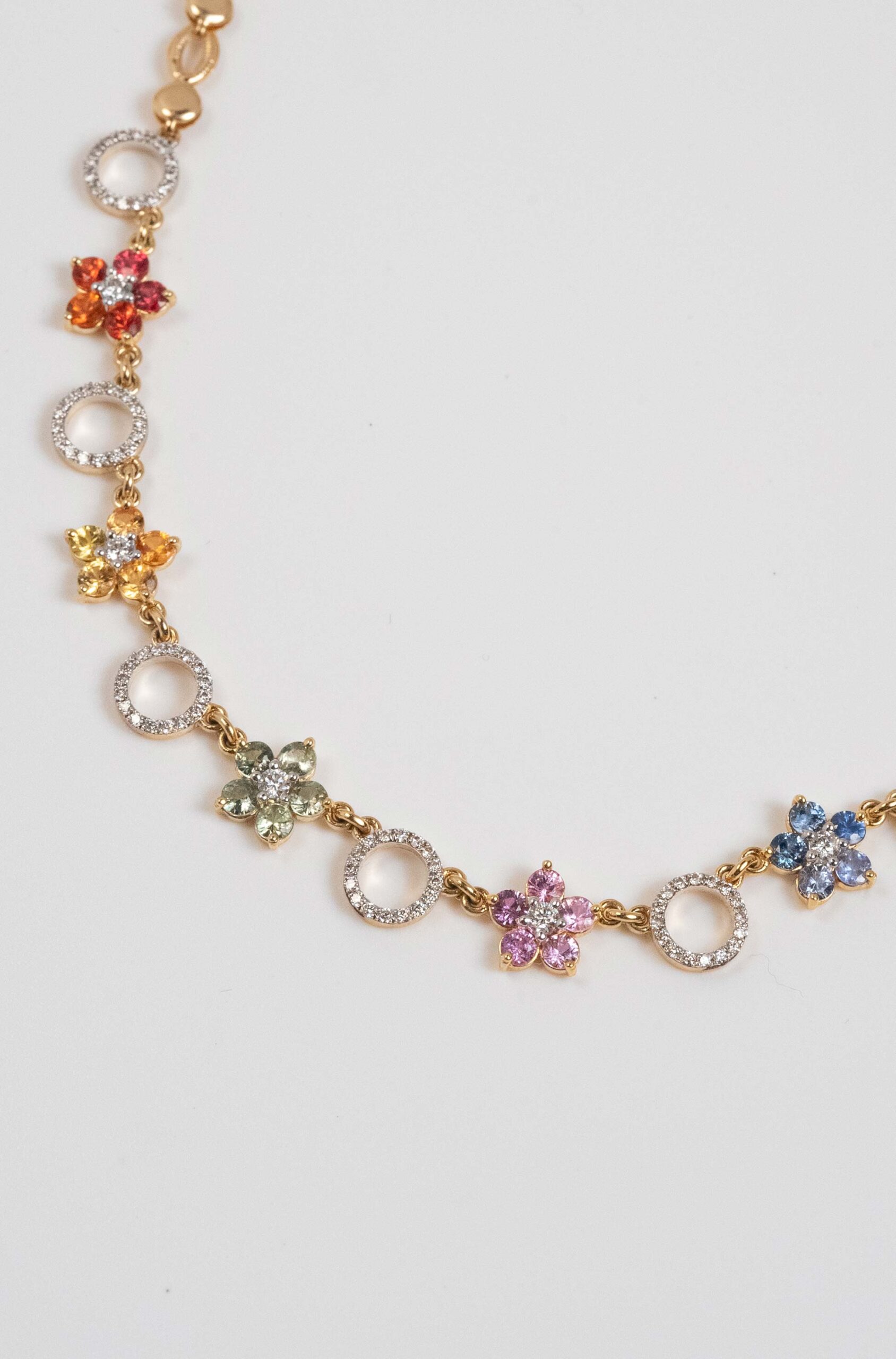 14K Gold Multi Gemstone Flower and Diamond Necklace