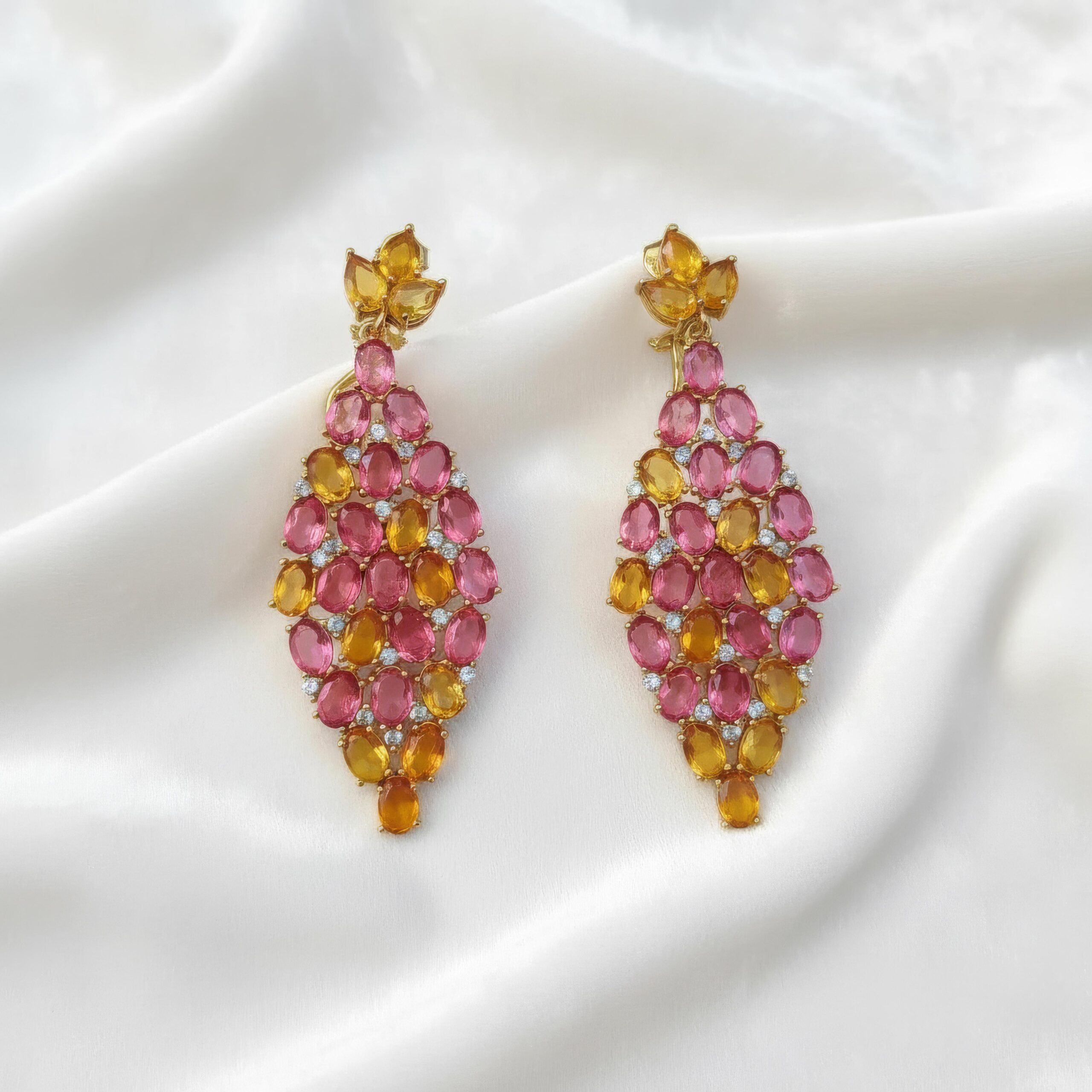 Pink & Golden Gemstone Chandelier Earrings